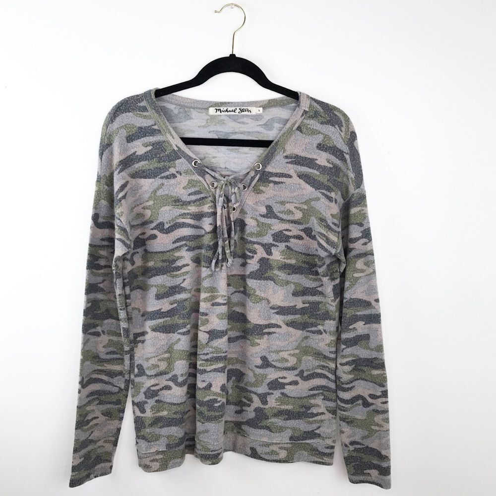 Michael stars camo lace up long sleeve top